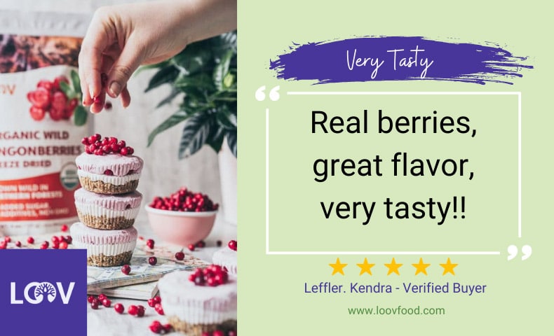 Someone adding lingonberries to muffins and LOOV Food 5 star customer review