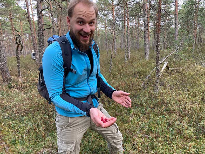 Kristo, LOOV Food co-founder, over the moon about finding wild lingonberries during a hike