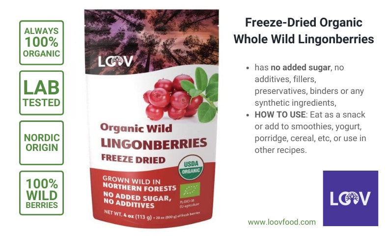 A pack of lab tested freeze-dried organic whole wild lingonberries
