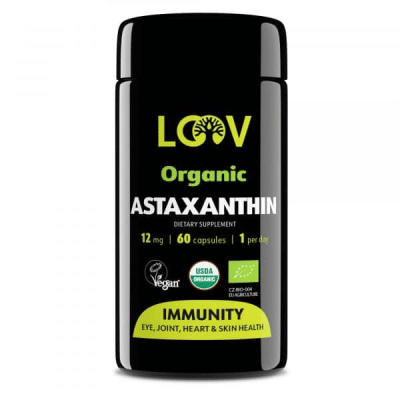 LOOV Organic Astaxanthin in a scientifically researched Miron glass violet bottle