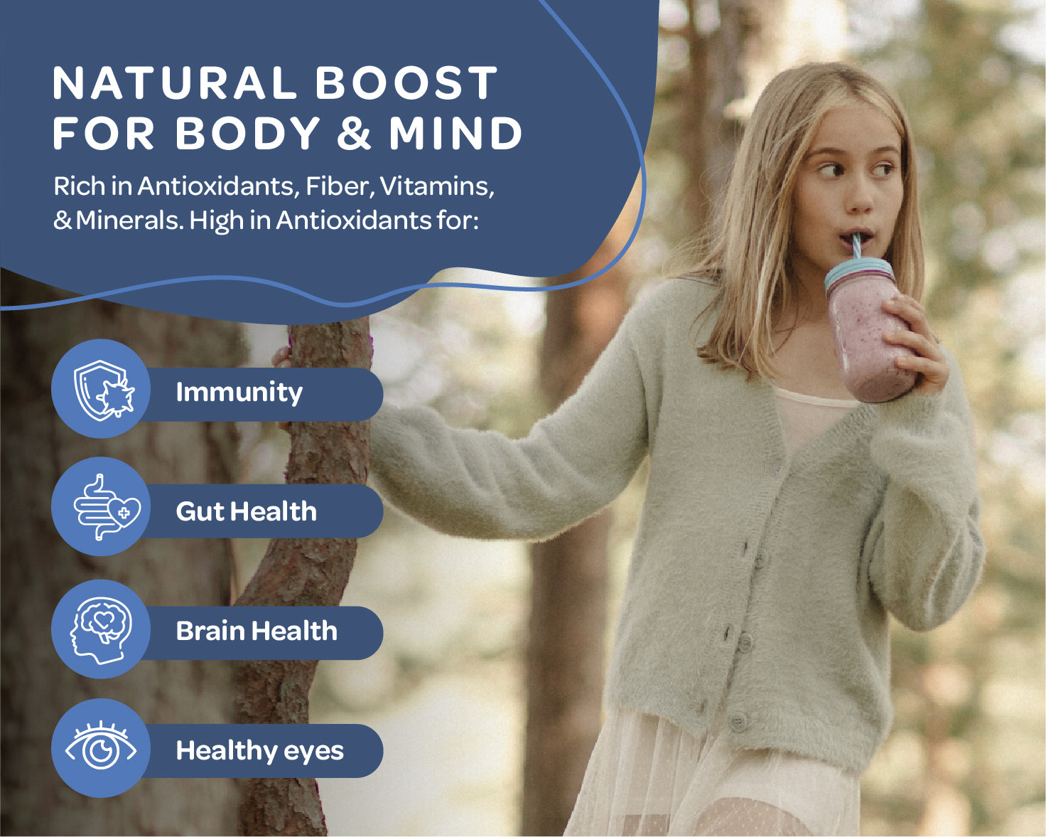 “A stand-up pouch of LOOV Organic Wild Blueberry Powder in blue and white packaging with images of wild blueberries and a small pile of deep purple powder displayed in front.”