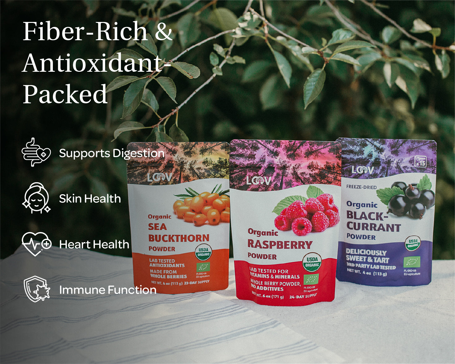 “A stand-up pouch of LOOV Freeze-Dried Organic Raspberry Powder with red and white packaging, showing raspberries on the front. Beside the pouch is a small heap of bright red raspberry powder.”