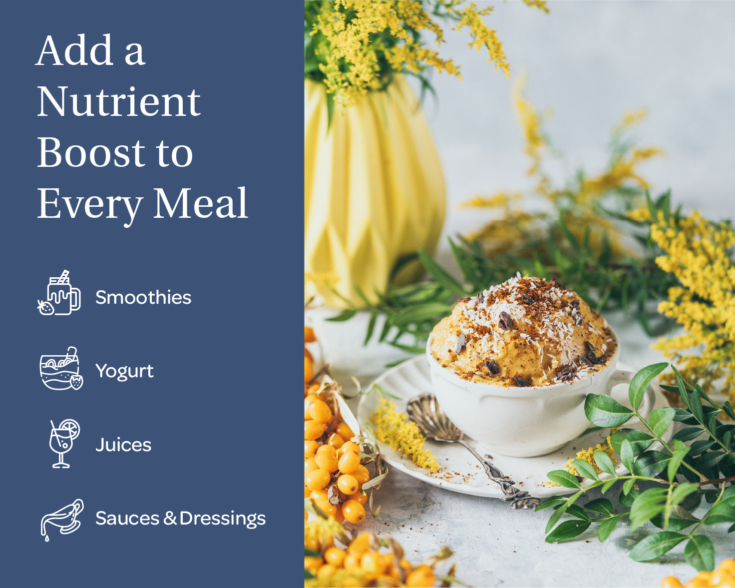 “A stand-up pouch of LOOV Organic Sea Buckthorn Powder, air-dried. The packaging shows images of bright orange sea buckthorn berries and has a white and orange label with 'Organic Sea Buckthorn Powder' text, along with green organic certification seals. A small mound of the powder is shown in front of the pouch.”