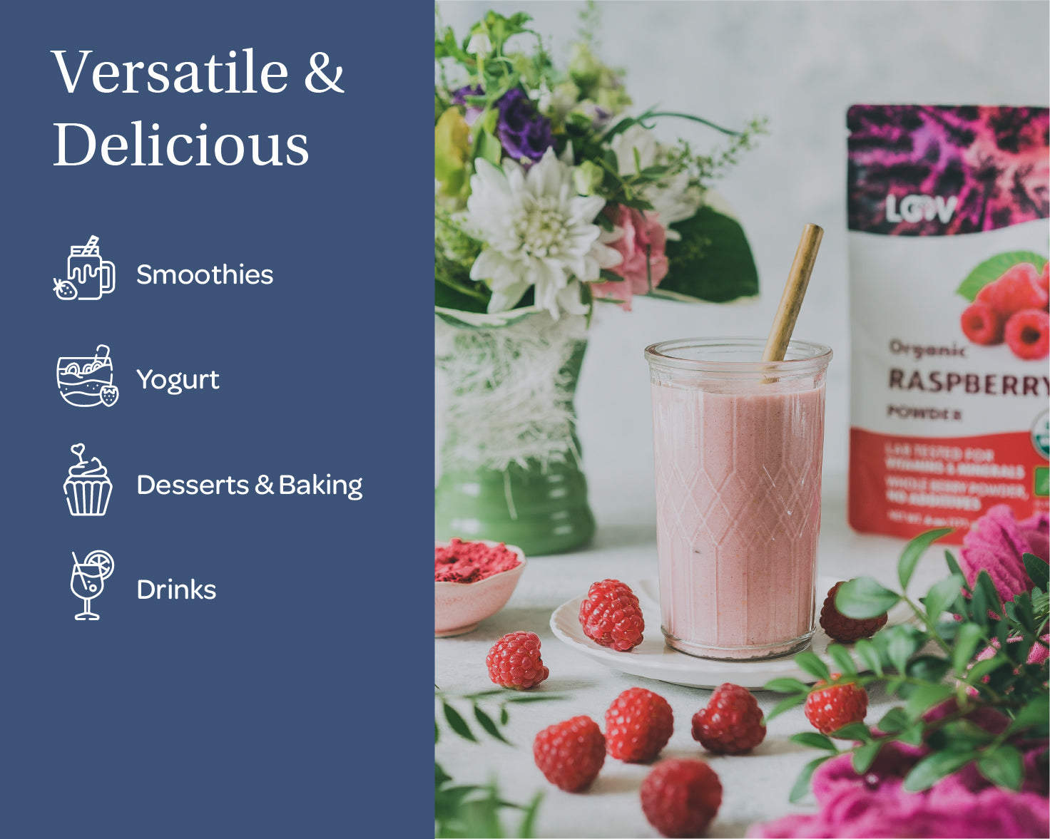 “A stand-up pouch of LOOV Freeze-Dried Organic Raspberry Powder with red and white packaging, showing raspberries on the front. Beside the pouch is a small heap of bright red raspberry powder.”