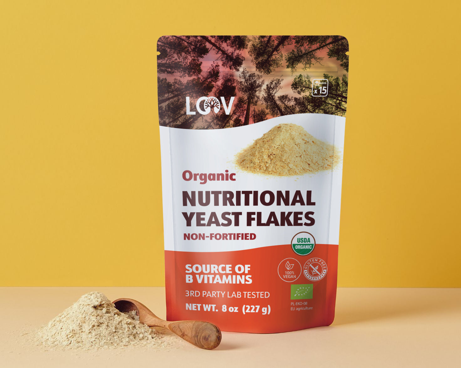 “A stand-up pouch of LOOV Organic Non-fortified Nutritional Yeast Flakes with white and orange packaging. The label reads ‘Organic Nutritional Yeast Flakes Non-Fortified’ and shows a small pile of pale yellow yeast flakes in front.”