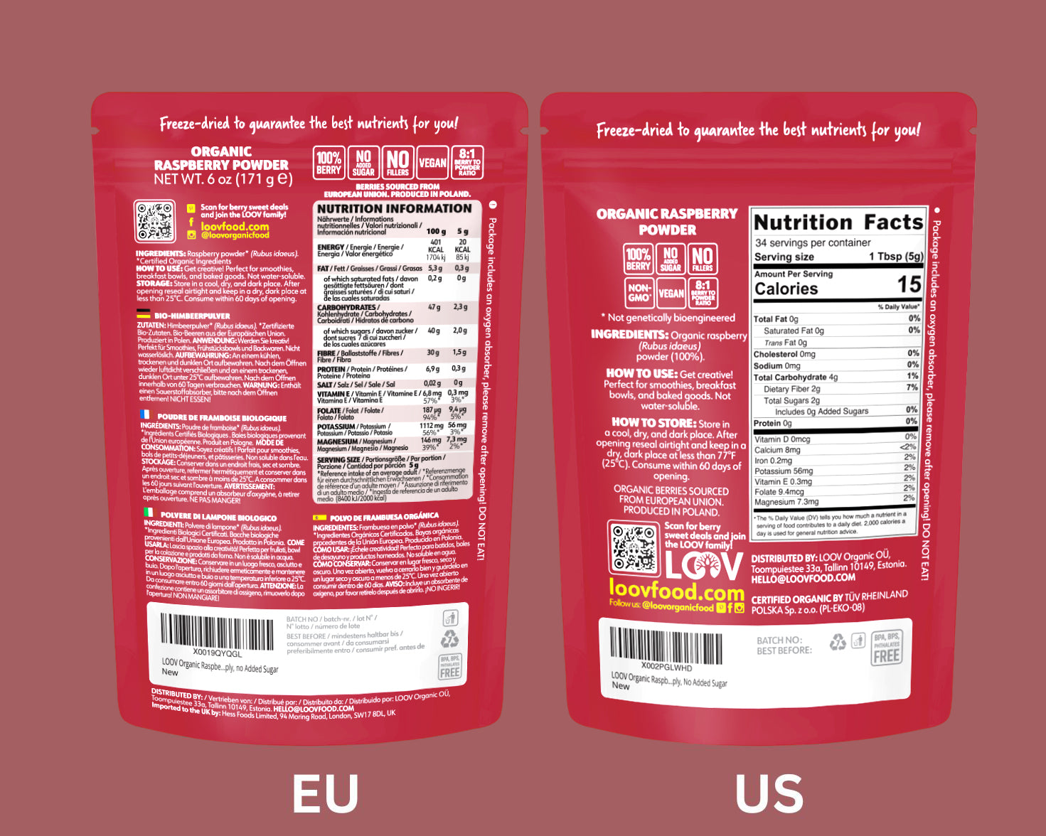 “A stand-up pouch of LOOV Freeze-Dried Organic Raspberry Powder with red and white packaging, showing raspberries on the front. Beside the pouch is a small heap of bright red raspberry powder.”