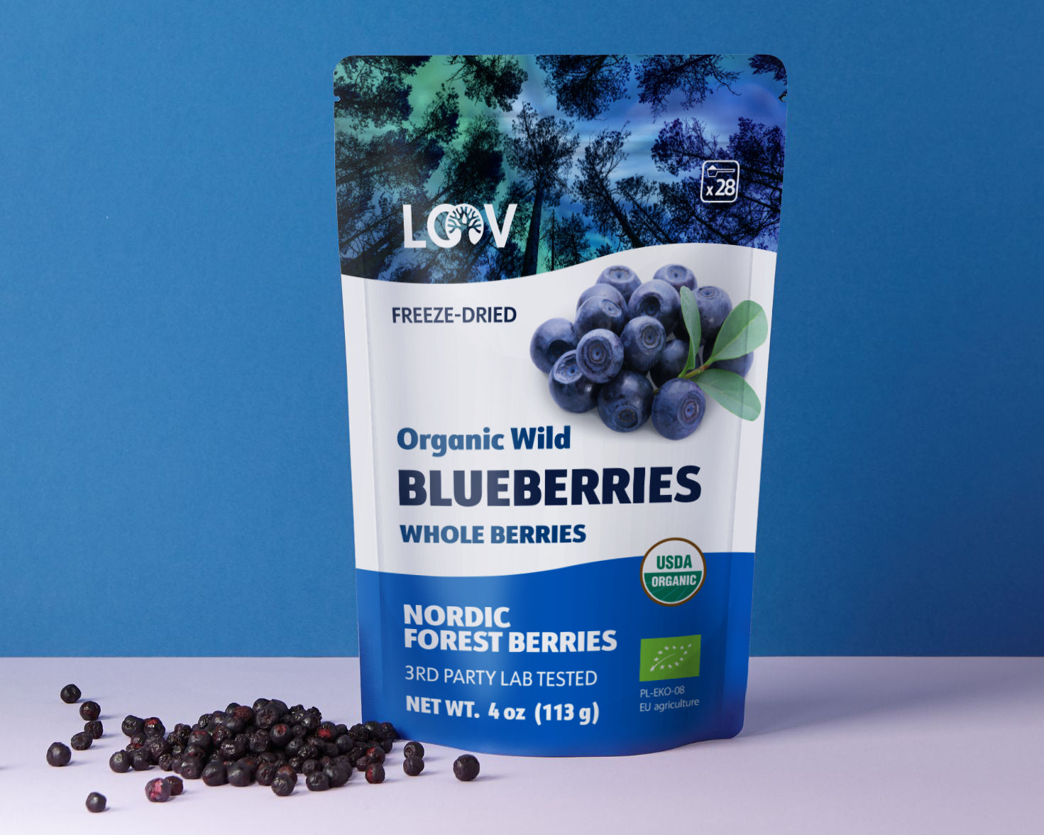 “Stand-up pouch of LOOV Freeze-Dried Organic Whole Wild Blueberries with blue and white packaging, showing a cluster of blueberries on the front and a small heap of dried blueberries beside it.”