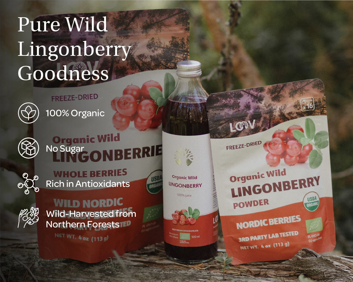 “A stand-up pouch of LOOV Freeze-Dried Organic Wild Lingonberry Powder in red and white packaging, featuring images of bright red lingonberries and green leaves; a small mound of fine red powder is shown in front of the pouch.”
