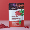 “A stand-up pouch of LOOV Freeze-Dried Organic Wild Lingonberry Powder in red and white packaging, featuring images of bright red lingonberries and green leaves; a small mound of fine red powder is shown in front of the pouch.”