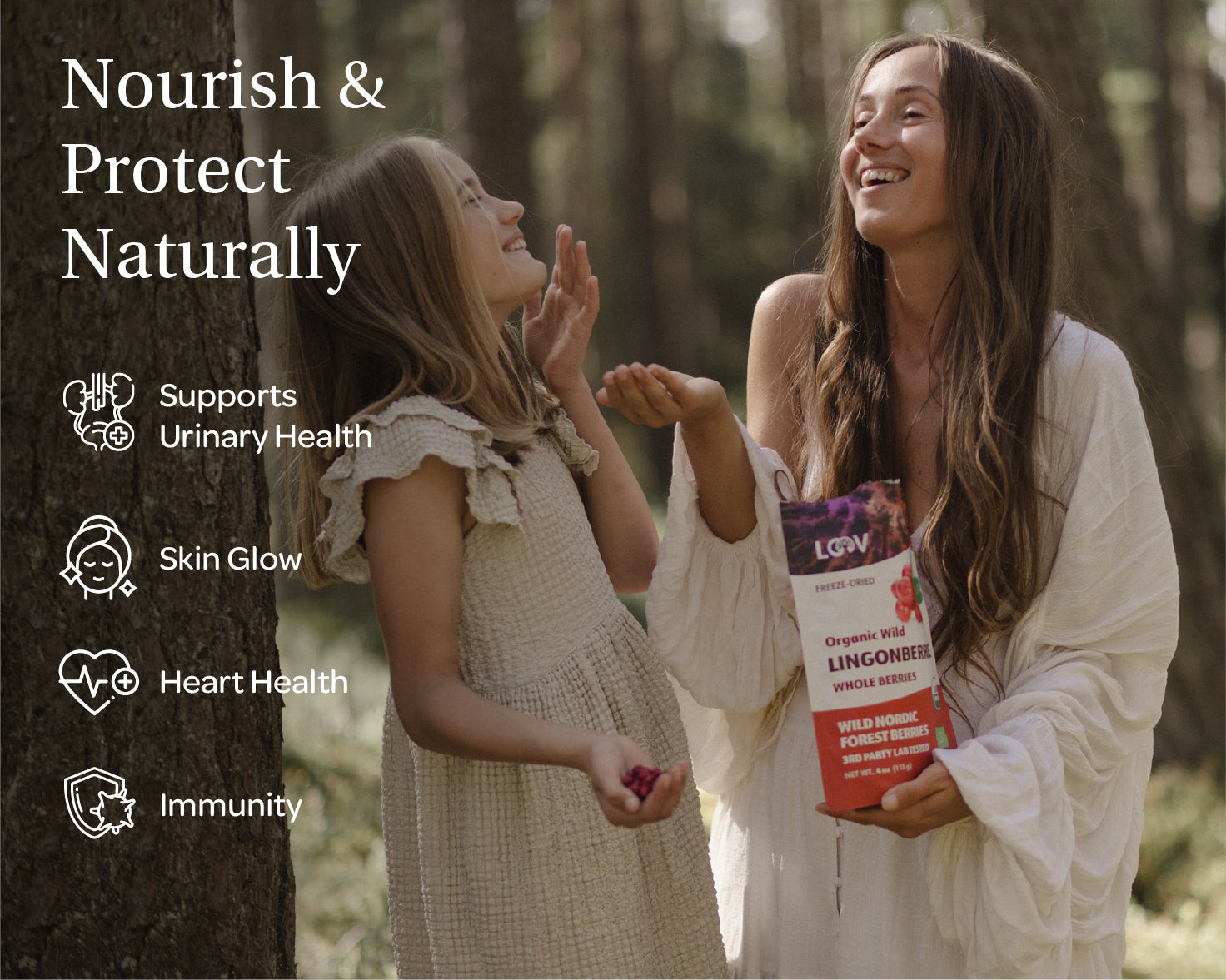 “A stand-up pouch of LOOV Freeze-Dried Organic Whole Wild Lingonberries in red and white packaging, with the words ‘Organic Wild LINGONBERRIES Whole Berries’ and a small pile of red freeze-dried berries positioned in front of the pouch.”