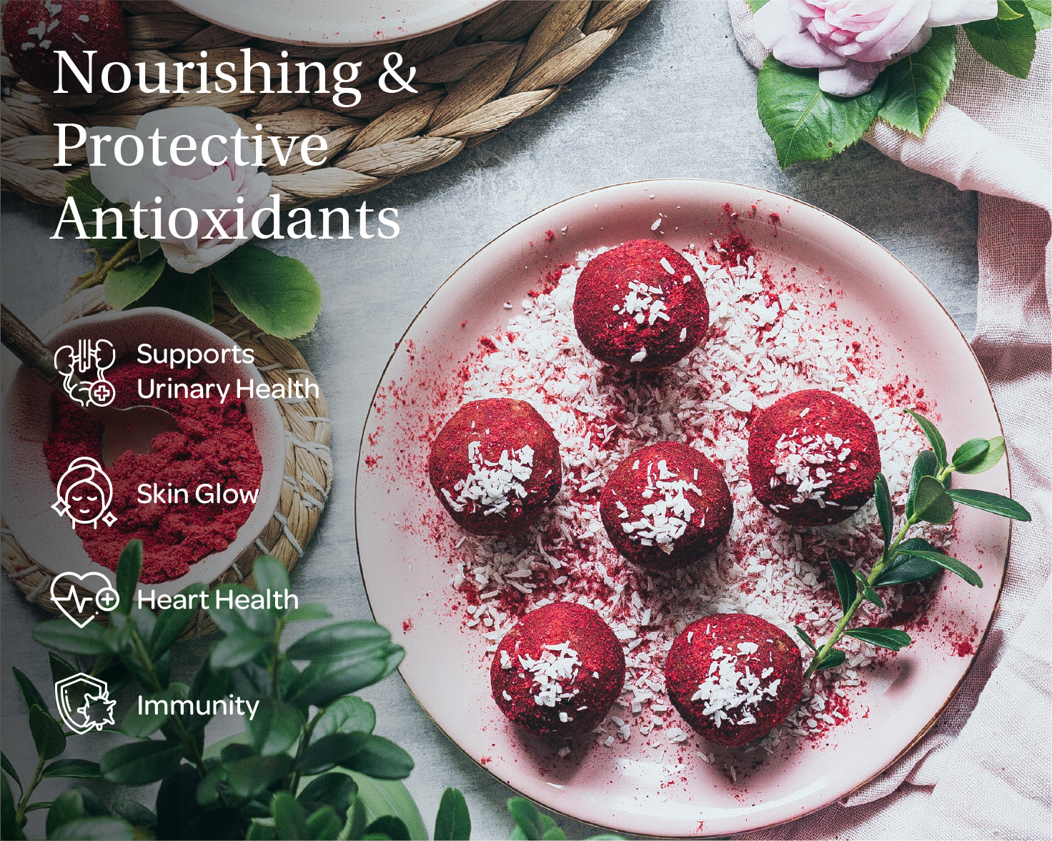 “A stand-up pouch of LOOV Freeze-Dried Organic Wild Cranberry Powder, with white and deep red packaging showing fresh cranberries on the front. A small mound of vibrant red powder sits in front of the bag.”