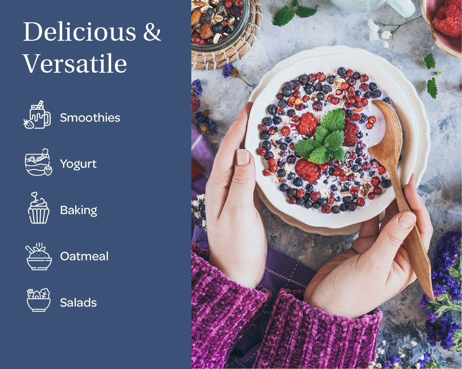 “A stand-up pouch of LOOV Freeze-Dried Organic Whole Wild Lingonberries in red and white packaging, with the words ‘Organic Wild LINGONBERRIES Whole Berries’ and a small pile of red freeze-dried berries positioned in front of the pouch.”