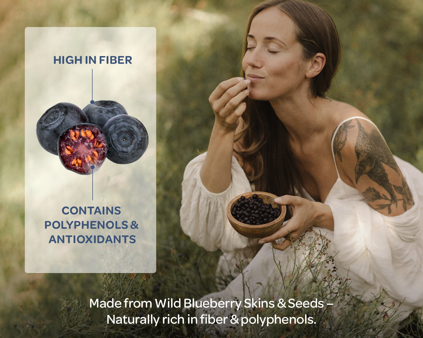 A woman in a white dress enjoys blueberries outdoors, eyes closed and smiling. Text highlights blueberries' high fiber, polyphenols, and antioxidants.