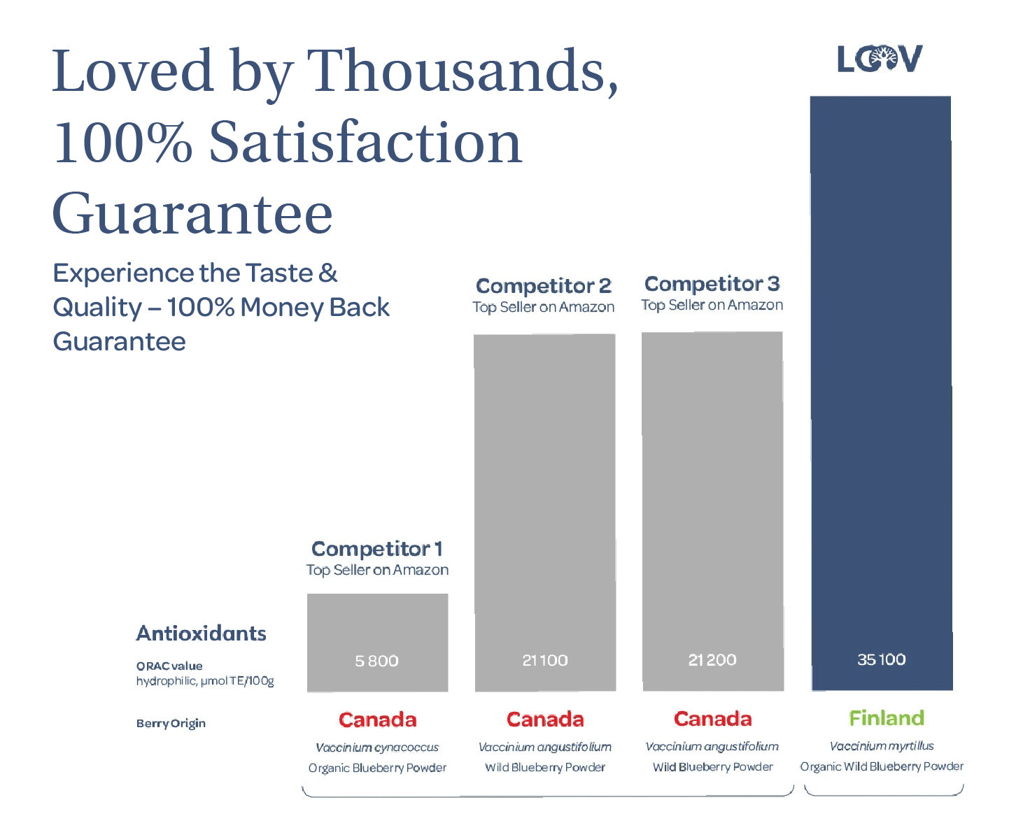 “Three packets of LOOV’s Detox Bundle – freeze-dried wild blueberry powder in resealable stand-up pouches, each with a blue and white label featuring images of wild blueberries.”