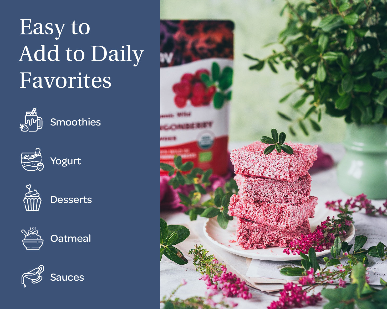 “A stand-up pouch of LOOV Freeze-Dried Organic Wild Lingonberry Powder in red and white packaging, featuring images of bright red lingonberries and green leaves; a small mound of fine red powder is shown in front of the pouch.”