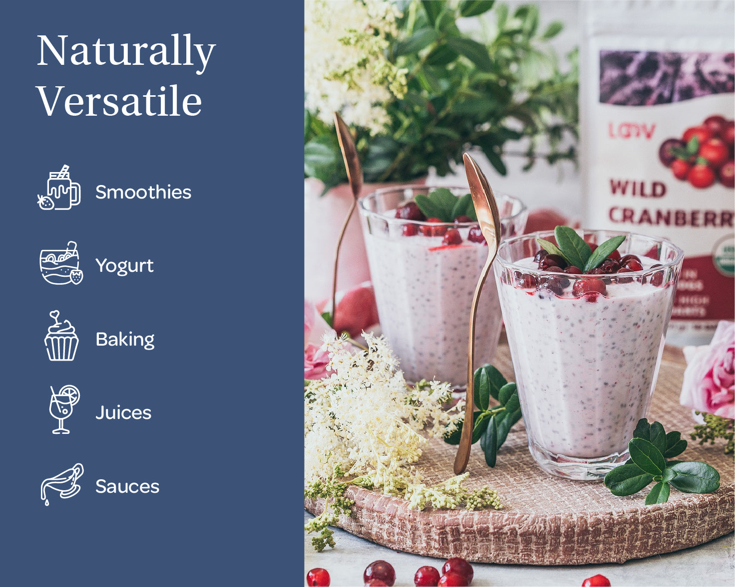 “A stand-up pouch of LOOV Freeze-Dried Organic Wild Cranberry Powder, with white and deep red packaging showing fresh cranberries on the front. A small mound of vibrant red powder sits in front of the bag.”