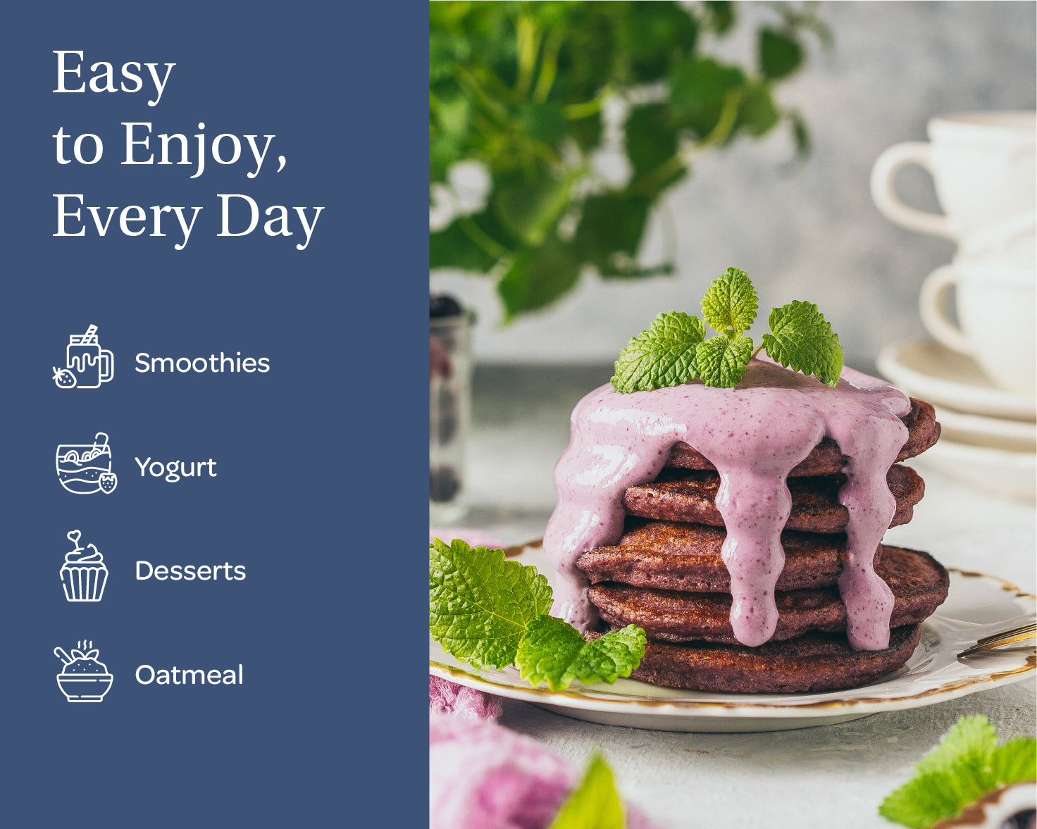 “A stand-up pouch of LOOV Freeze-Dried Organic Blackcurrant Powder in white and purple packaging. The front shows ripe blackcurrant imagery along with a green organic certification seal. Next to the pouch is a small heap of deep purple powder.”