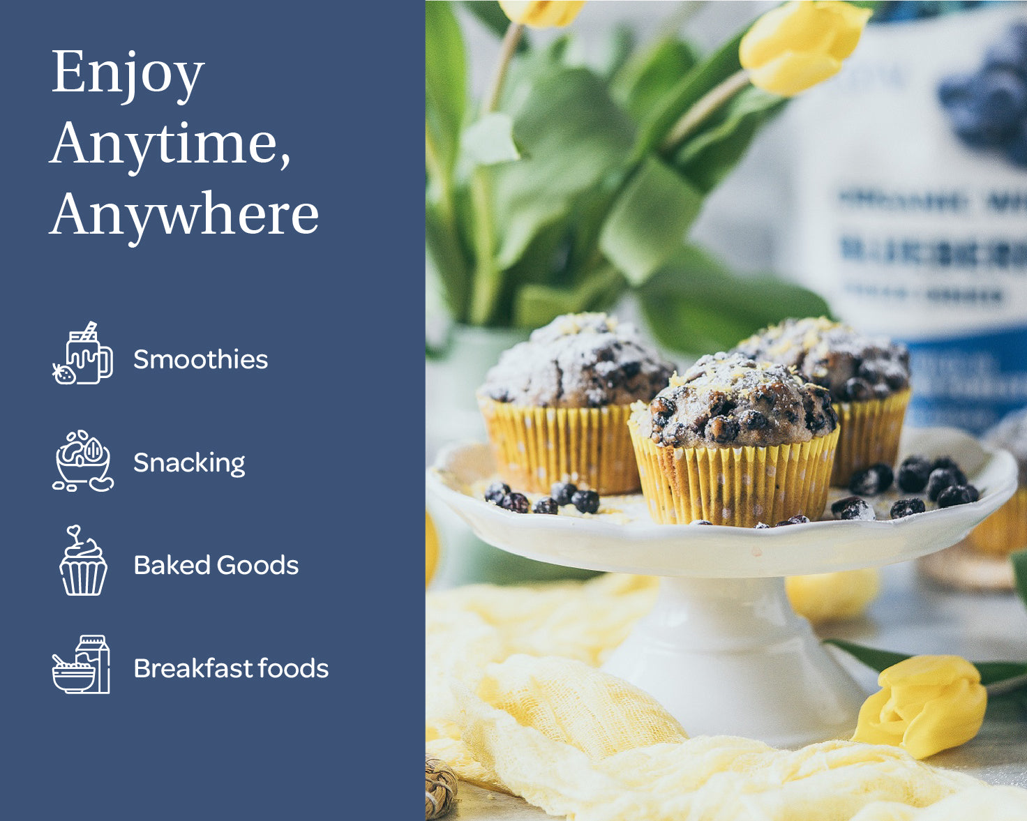 “Stand-up pouch of LOOV Freeze-Dried Organic Whole Wild Blueberries with blue and white packaging, showing a cluster of blueberries on the front and a small heap of dried blueberries beside it.”