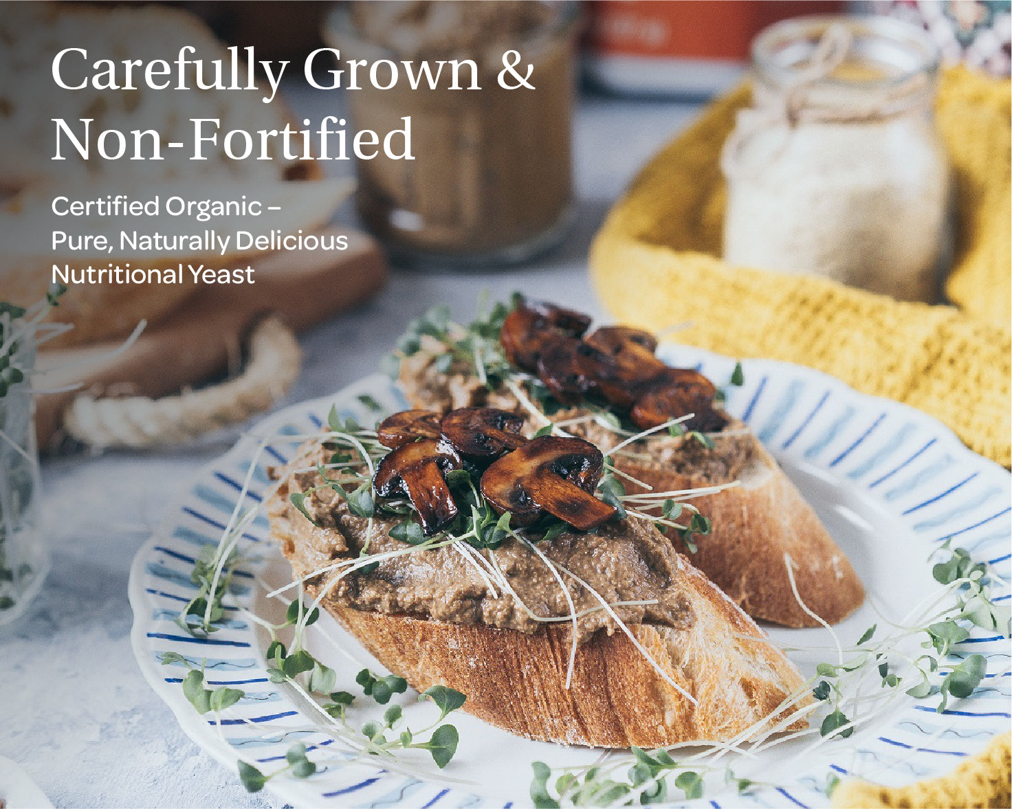 “A stand-up pouch of LOOV Organic Non-fortified Nutritional Yeast Flakes with white and orange packaging. The label reads ‘Organic Nutritional Yeast Flakes Non-Fortified’ and shows a small pile of pale yellow yeast flakes in front.”