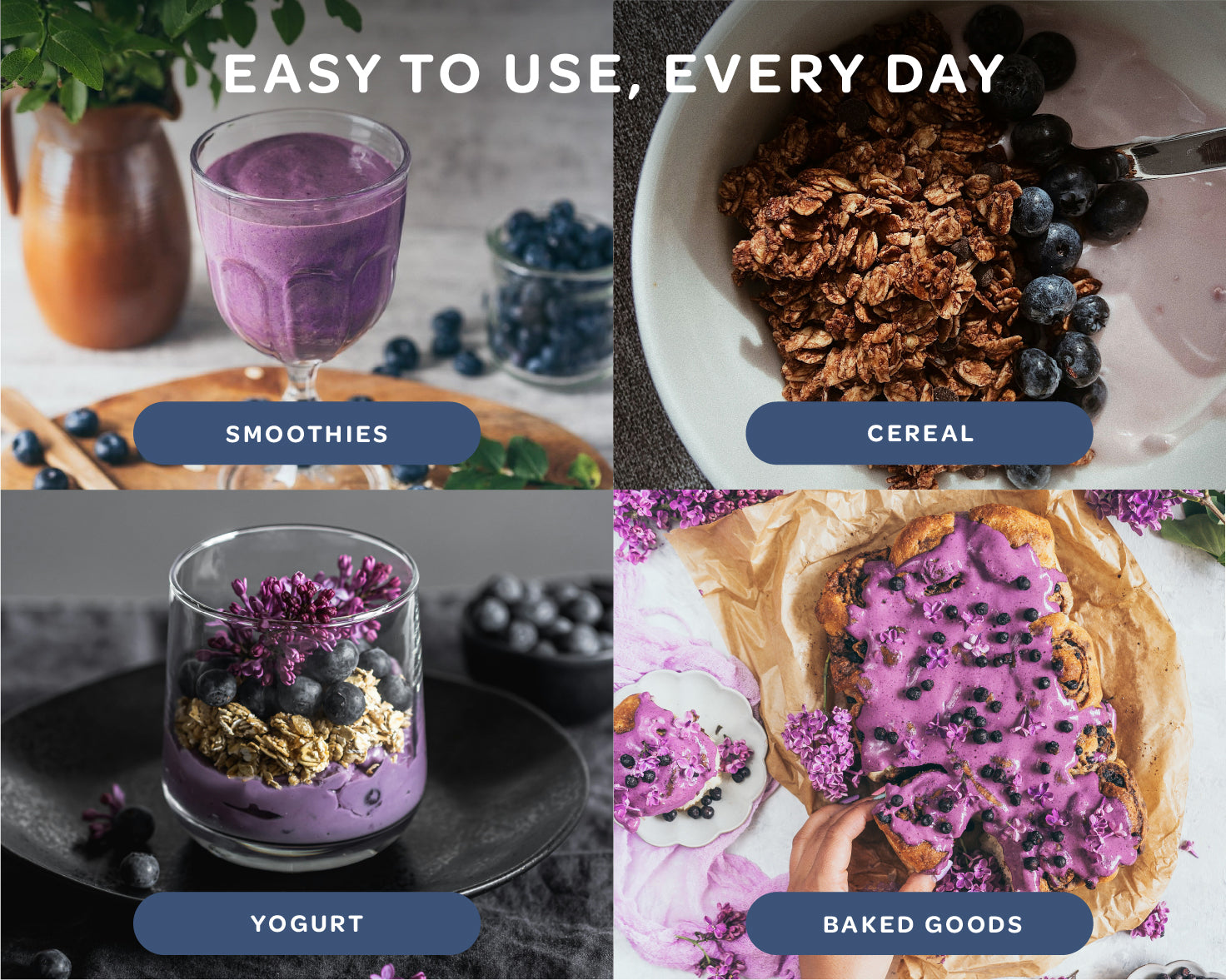 “A stand-up pouch of LOOV Organic Wild Blueberry Powder in blue and white packaging with images of wild blueberries and a small pile of deep purple powder displayed in front.”