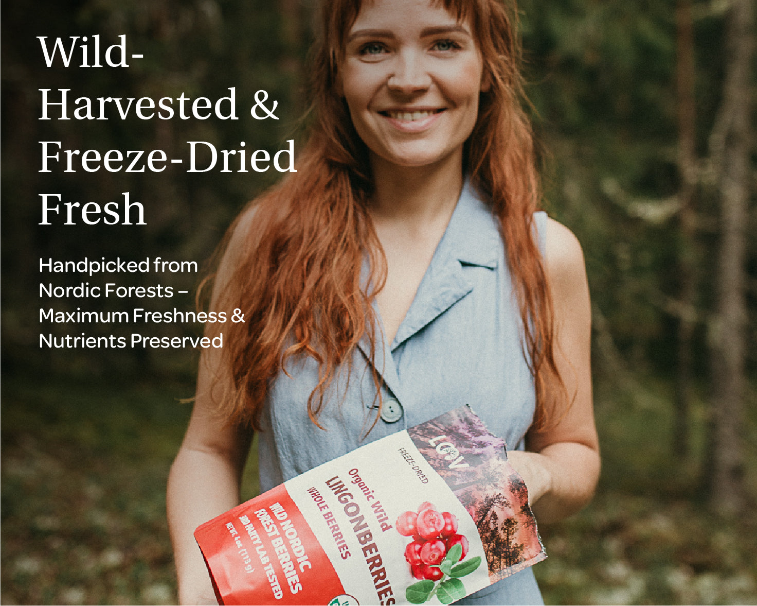 “A stand-up pouch of LOOV Freeze-Dried Organic Whole Wild Lingonberries in red and white packaging, with the words ‘Organic Wild LINGONBERRIES Whole Berries’ and a small pile of red freeze-dried berries positioned in front of the pouch.”