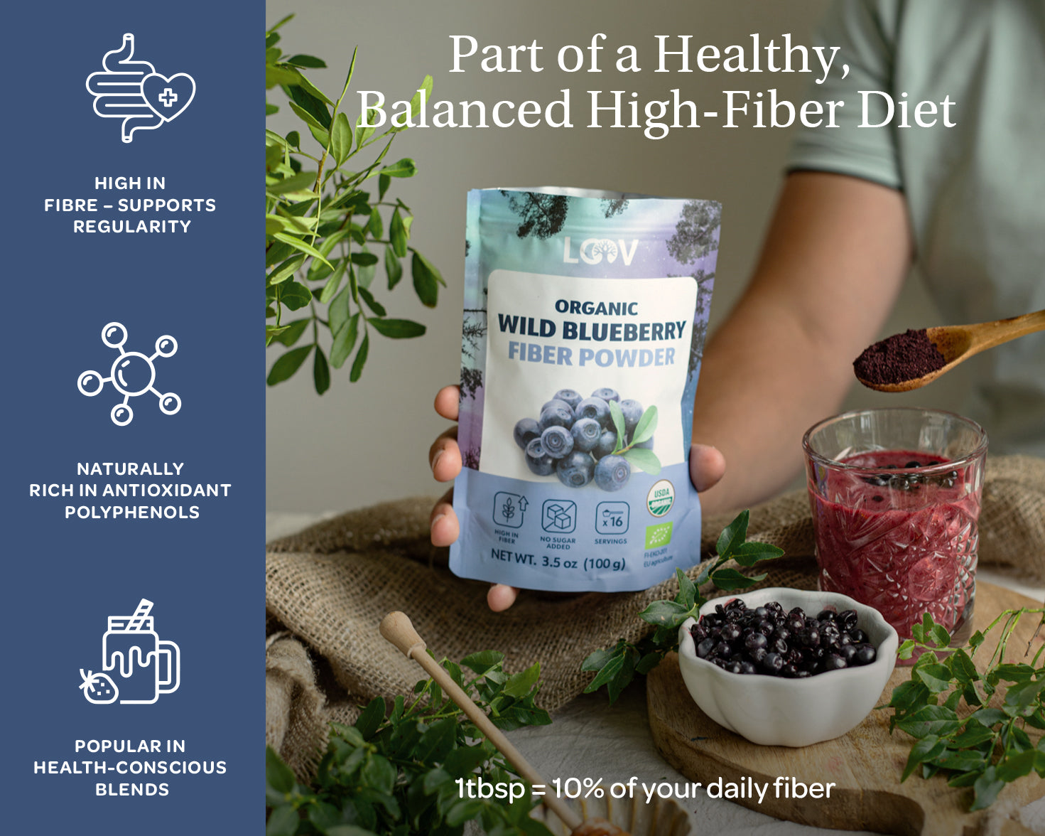 A package of LOOV organic wild blueberry fiber powder is held by a person, surrounded by fresh blueberries and a glass of berry mix. Text highlights its health benefits, like high fiber and antioxidants, promoting a balanced diet. The atmosphere is natural and health-focused.