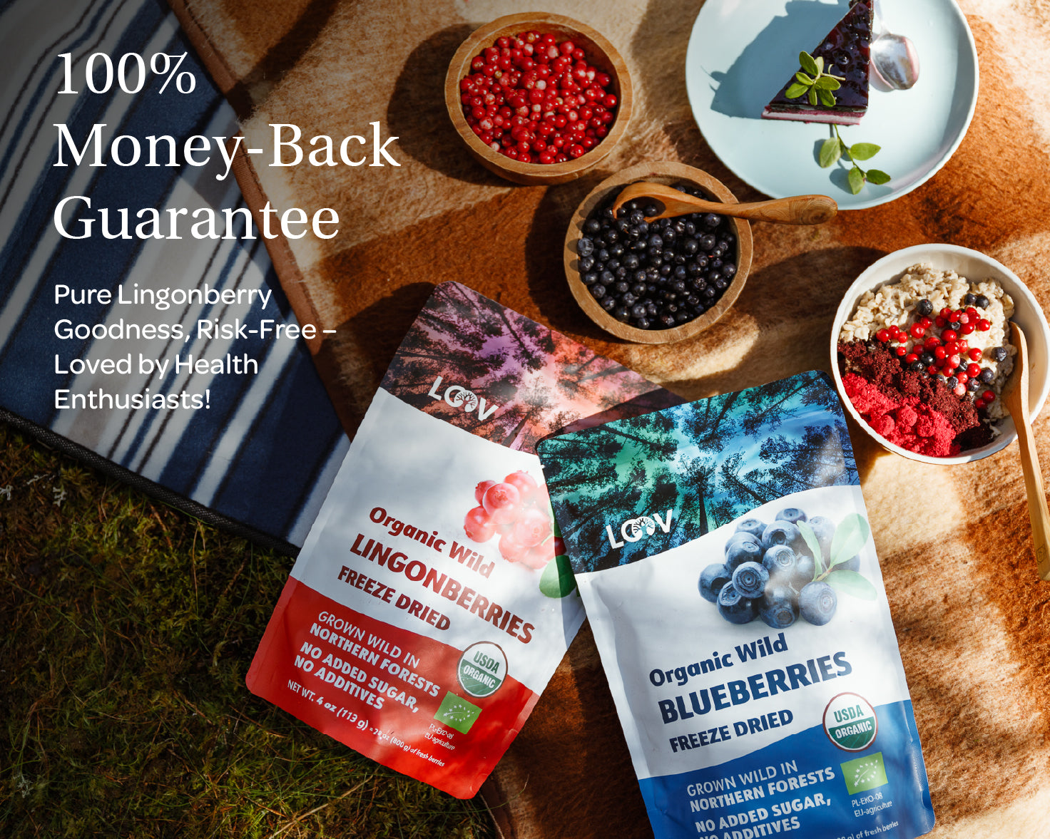 “A stand-up pouch of LOOV Freeze-Dried Organic Wild Lingonberry Powder in red and white packaging, featuring images of bright red lingonberries and green leaves; a small mound of fine red powder is shown in front of the pouch.”