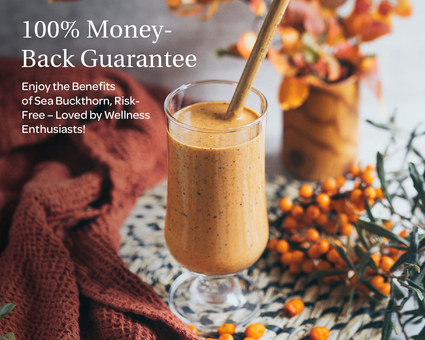 “A stand-up pouch of LOOV Organic Sea Buckthorn Powder, air-dried. The packaging shows images of bright orange sea buckthorn berries and has a white and orange label with 'Organic Sea Buckthorn Powder' text, along with green organic certification seals. A small mound of the powder is shown in front of the pouch.”