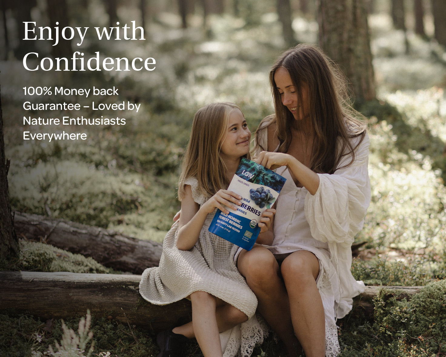 “Stand-up pouch of LOOV Freeze-Dried Organic Whole Wild Blueberries with blue and white packaging, showing a cluster of blueberries on the front and a small heap of dried blueberries beside it.”