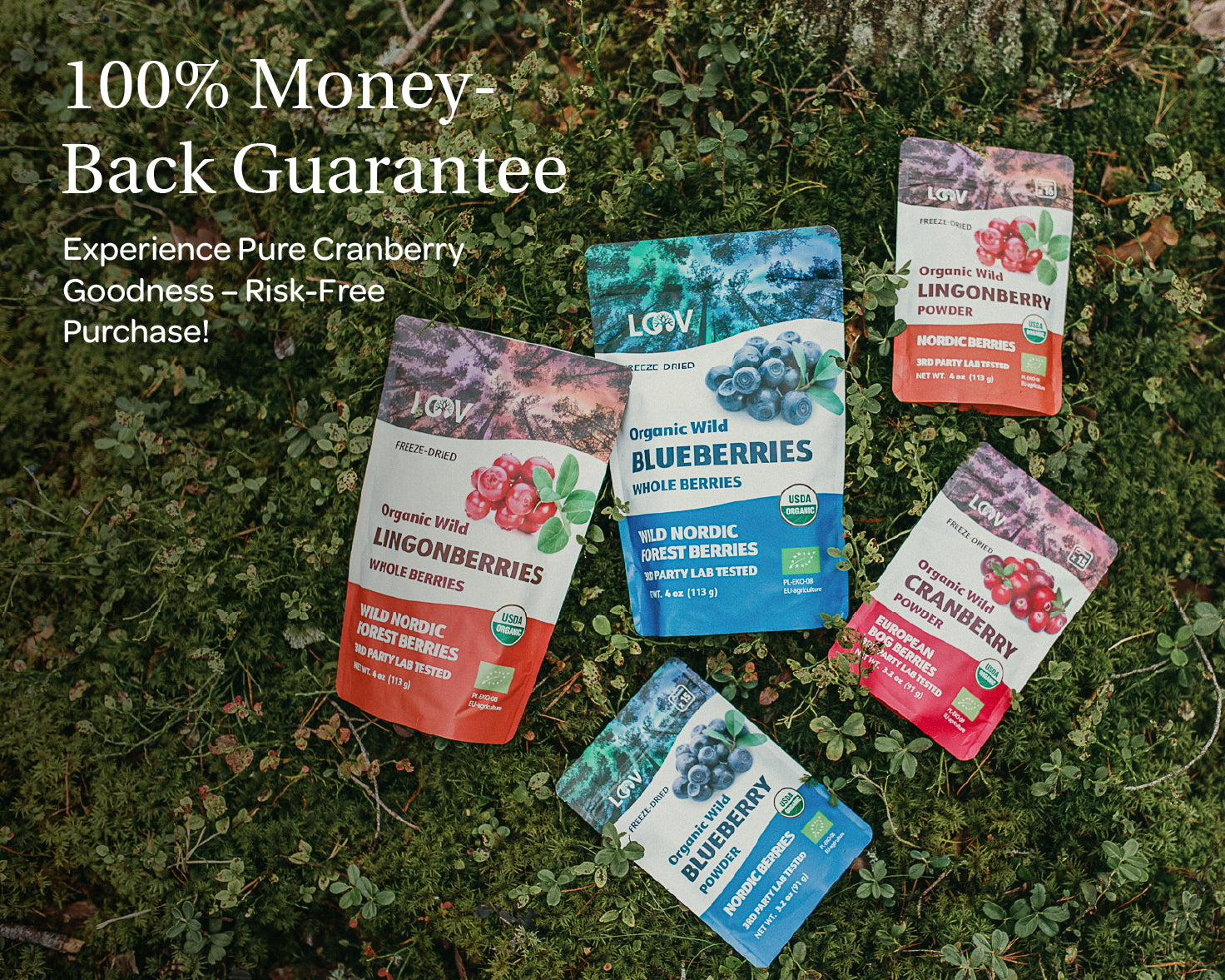 “A stand-up pouch of LOOV Freeze-Dried Organic Wild Cranberry Powder, with white and deep red packaging showing fresh cranberries on the front. A small mound of vibrant red powder sits in front of the bag.”