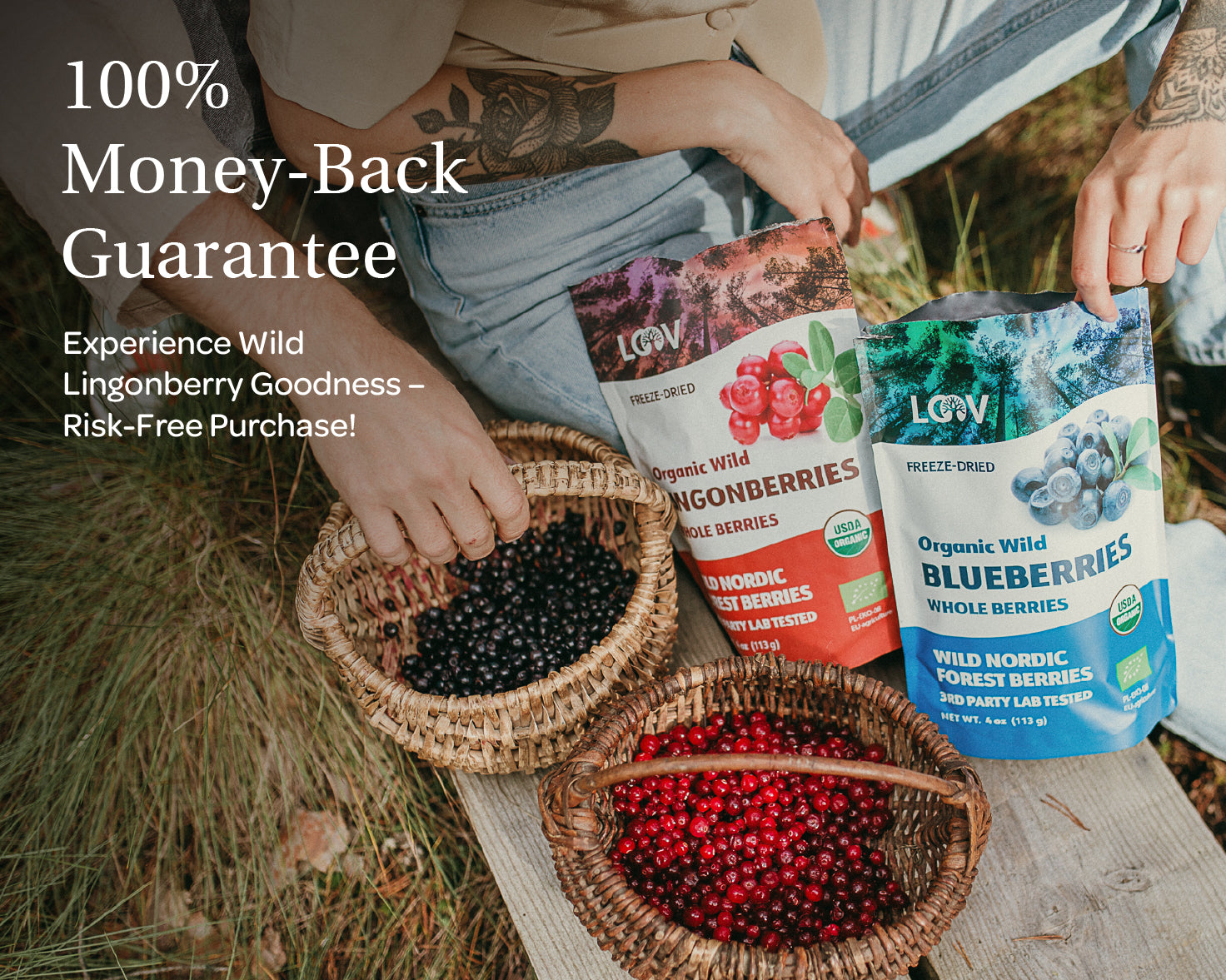 Two stand-up pouches side by side forming LOOV’s Whole Wild Berry Bundle — the left pouch is labeled ‘Organic Wild Blueberries, whole berries’ with blue accents and an image of blueberries; the right pouch is labeled ‘Organic Wild Lingonberries, whole berries’ with red accents and an image of lingonberries.