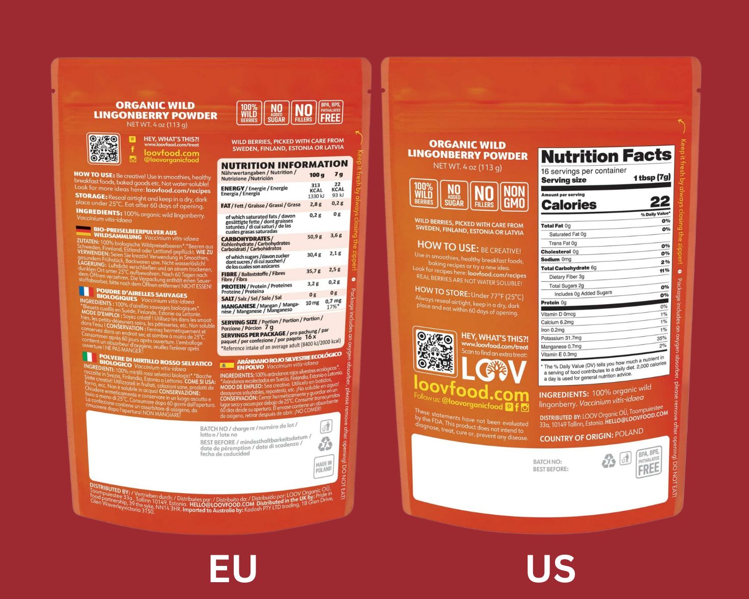 “A stand-up pouch of LOOV Freeze-Dried Organic Wild Lingonberry Powder in red and white packaging, featuring images of bright red lingonberries and green leaves; a small mound of fine red powder is shown in front of the pouch.”