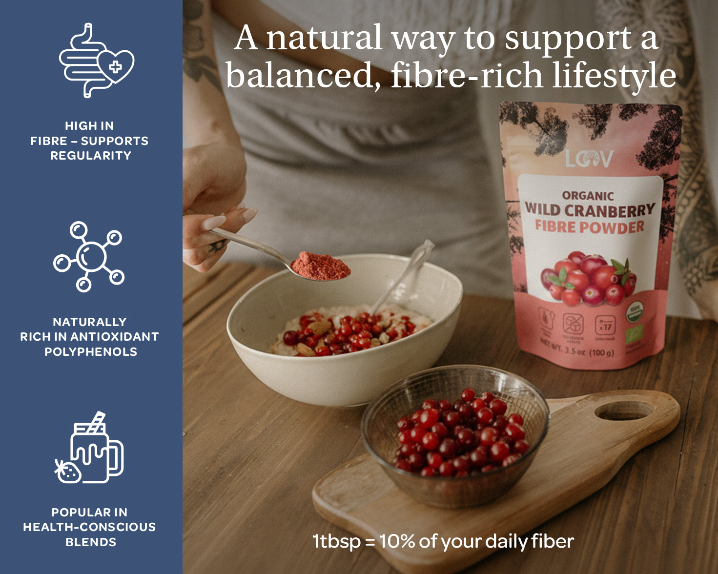A person adds LOOV wild cranberry fiber powder to a bowl of berries. A package of fiber powder is visible. Text highlights health benefits, such as high fiber.