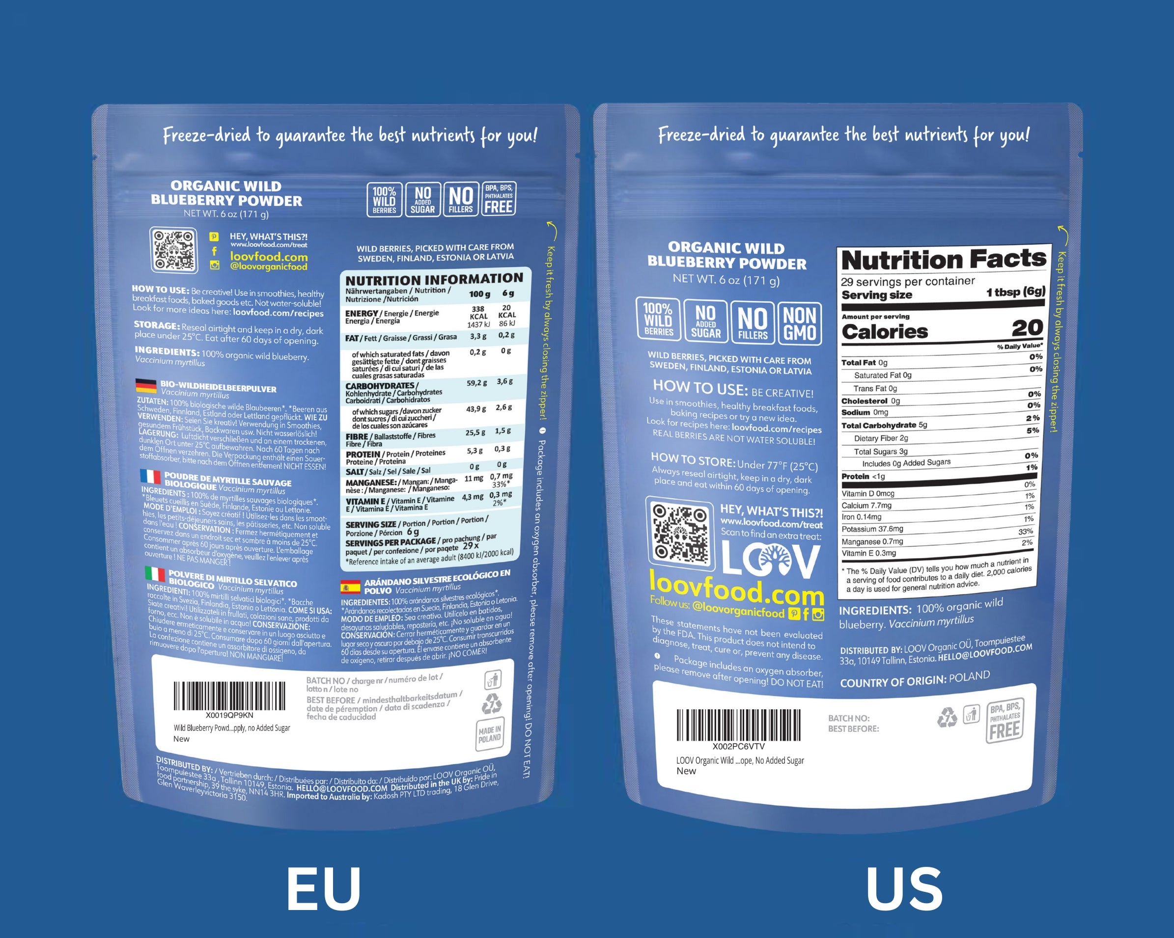 “A stand-up pouch of LOOV Organic Wild Blueberry Powder in blue and white packaging with images of wild blueberries and a small pile of deep purple powder displayed in front.”