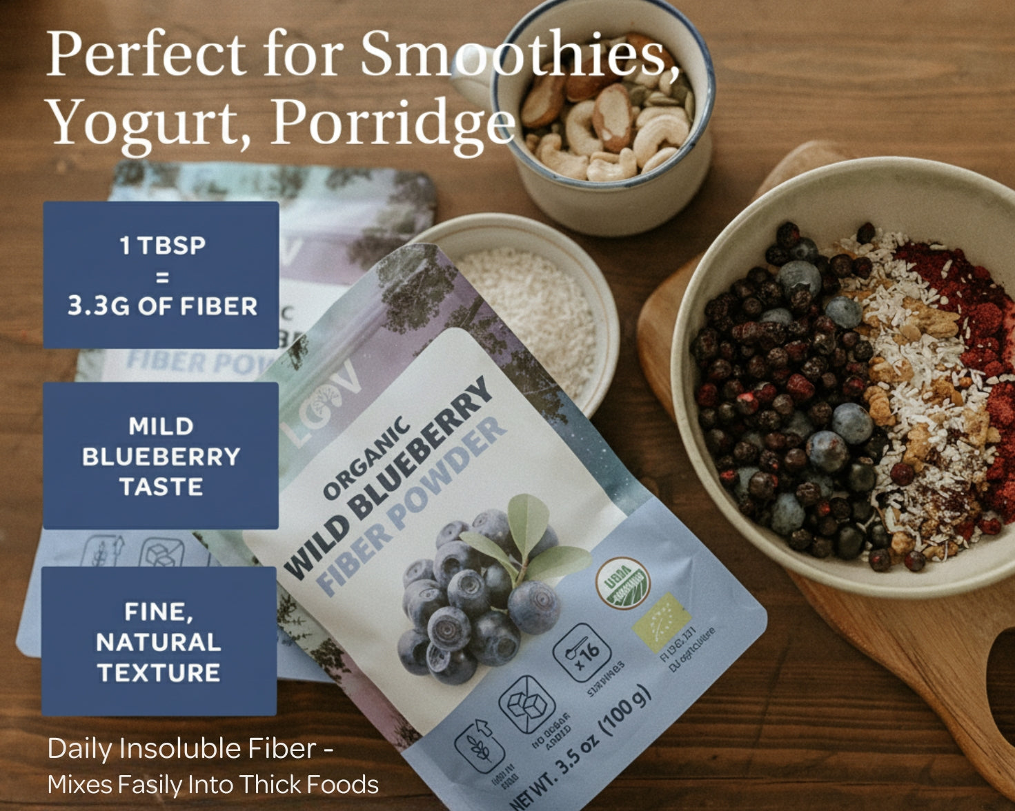 LOOV wild blueberry fiber powder package on a table with mixed berries, nuts, and grains in bowls. Text highlights fiber content, blueberry taste, and texture.
