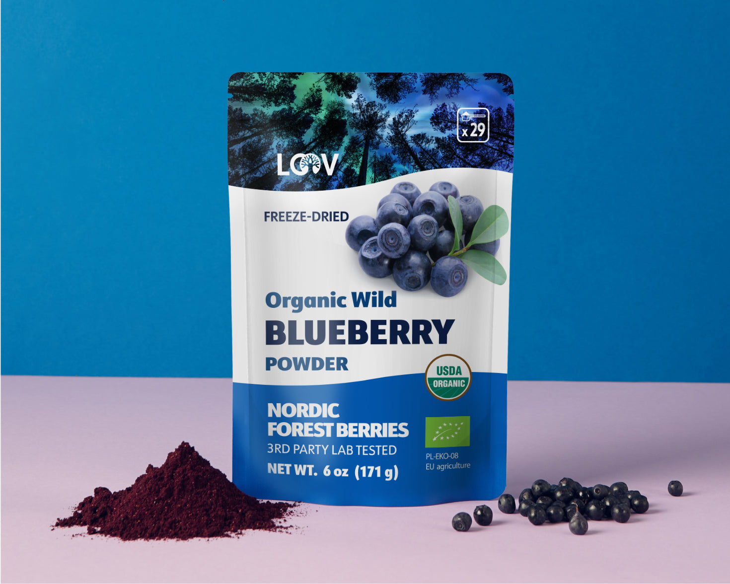 “A stand-up pouch of LOOV Organic Wild Blueberry Powder in blue and white packaging with images of wild blueberries and a small pile of deep purple powder displayed in front.”