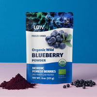 “A stand-up pouch of LOOV Organic Wild Blueberry Powder in blue and white packaging with images of wild blueberries and a small pile of deep purple powder displayed in front.”