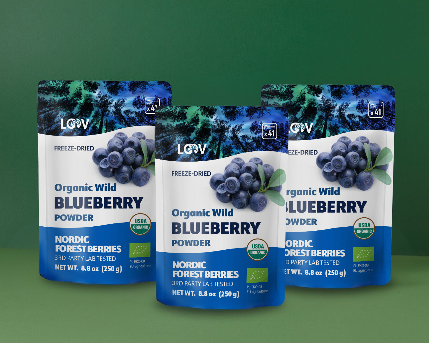 “Three packets of LOOV’s Detox Bundle – freeze-dried wild blueberry powder in resealable stand-up pouches, each with a blue and white label featuring images of wild blueberries.”