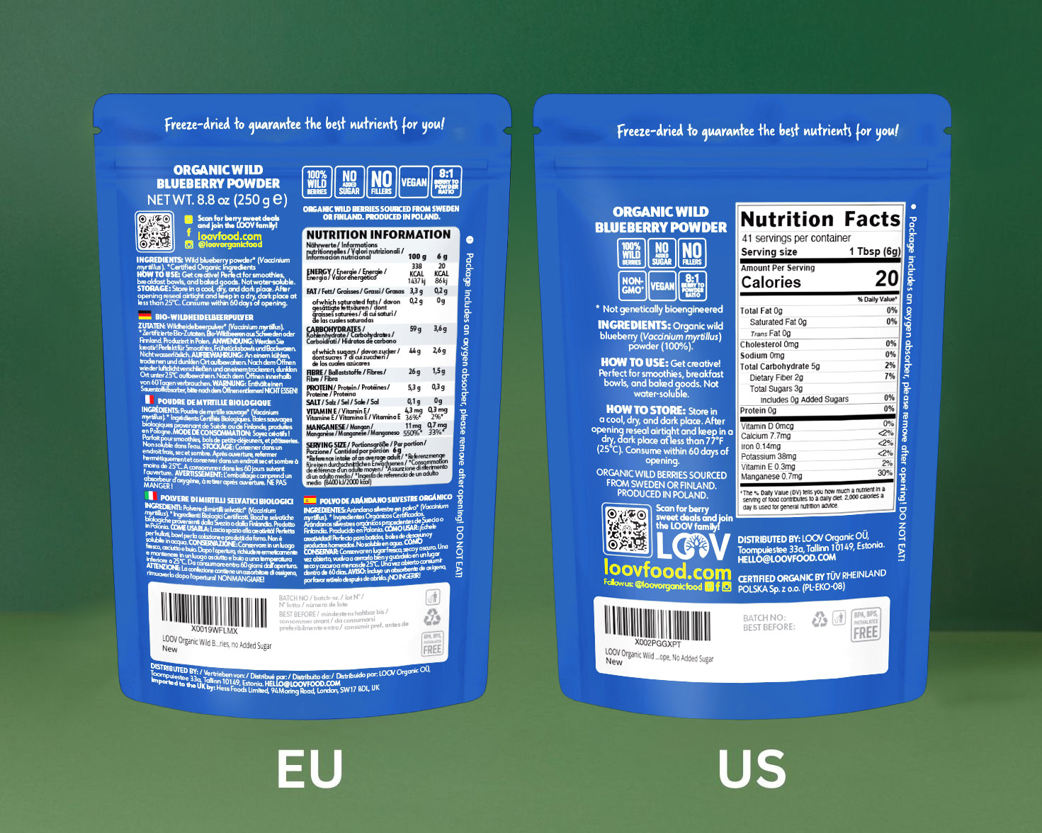 “Three packets of LOOV’s Detox Bundle—freeze-dried wild blueberry powder in resealable stand-up pouches, each with a blue and white label featuring images of wild blueberries.”