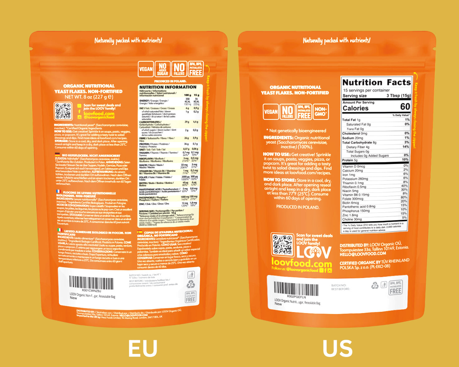 “A stand-up pouch of LOOV Organic Non-fortified Nutritional Yeast Flakes with white and orange packaging. The label reads ‘Organic Nutritional Yeast Flakes Non-Fortified’ and shows a small pile of pale yellow yeast flakes in front.”