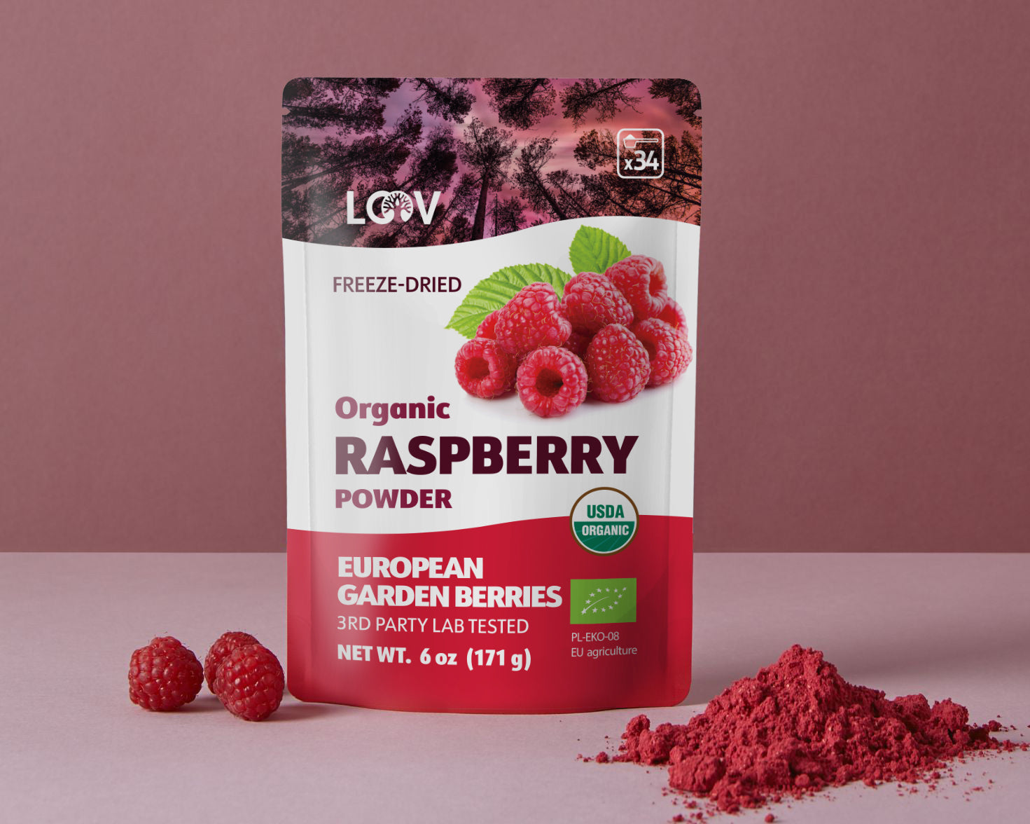 “A stand-up pouch of LOOV Freeze-Dried Organic Raspberry Powder with red and white packaging, showing raspberries on the front. Beside the pouch is a small heap of bright red raspberry powder.”