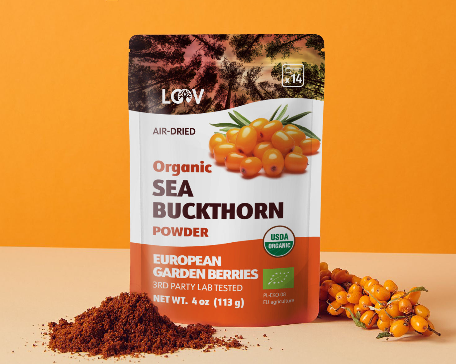 “A stand-up pouch of LOOV Organic Sea Buckthorn Powder, air-dried. The packaging shows images of bright orange sea buckthorn berries and has a white and orange label with 'Organic Sea Buckthorn Powder' text, along with green organic certification seals. A small mound of the powder is shown in front of the pouch.”