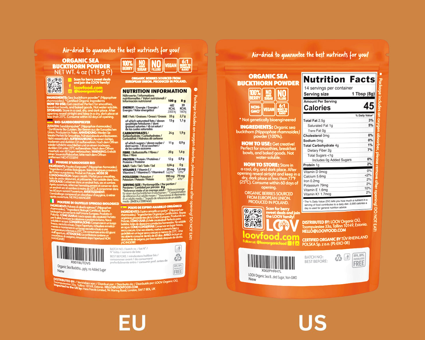 “A stand-up pouch of LOOV Organic Sea Buckthorn Powder, air-dried. The packaging shows images of bright orange sea buckthorn berries and has a white and orange label with 'Organic Sea Buckthorn Powder' text, along with green organic certification seals. A small mound of the powder is shown in front of the pouch.”