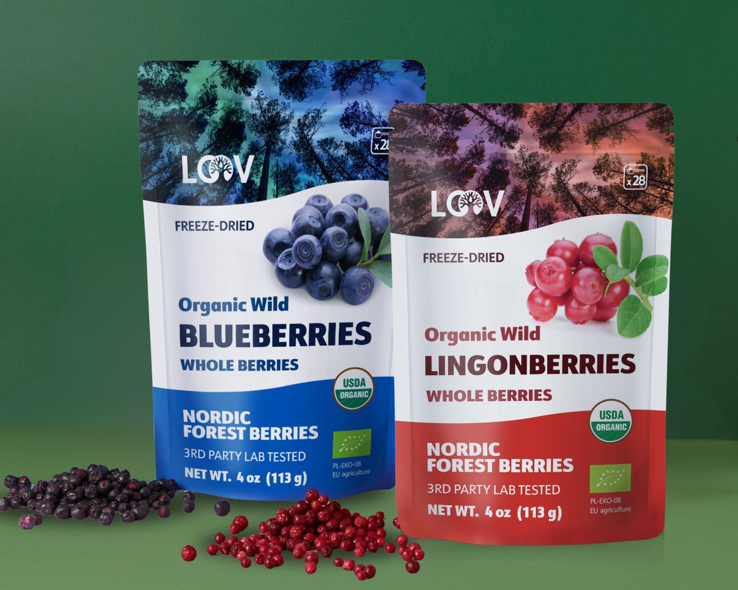 “Two stand-up pouches side by side forming LOOV’s Whole Wild Berry Bundle — the left pouch is labeled ‘Organic Wild Blueberries, whole berries’ with blue accents and an image of blueberries; the right pouch is labeled ‘Organic Wild Lingonberries, whole berries’ with red accents and an image of lingonberries.”