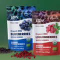 Two stand-up pouches side by side forming LOOV’s Whole Wild Berry Bundle — the left pouch is labeled ‘Organic Wild Blueberries, whole berries’ with blue accents and an image of blueberries; the right pouch is labeled ‘Organic Wild Lingonberries, whole berries’ with red accents and an image of lingonberries.