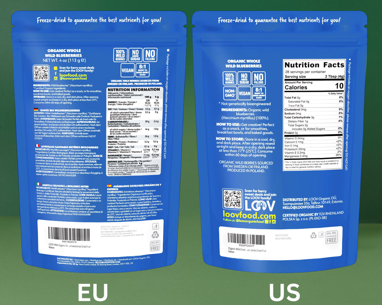 “Two stand-up pouches side by side forming LOOV’s Whole Wild Berry Bundle — the left pouch is labeled ‘Organic Wild Blueberries, whole berries’ with blue accents and an image of blueberries; the right pouch is labeled ‘Organic Wild Lingonberries, whole berries’ with red accents and an image of lingonberries.”