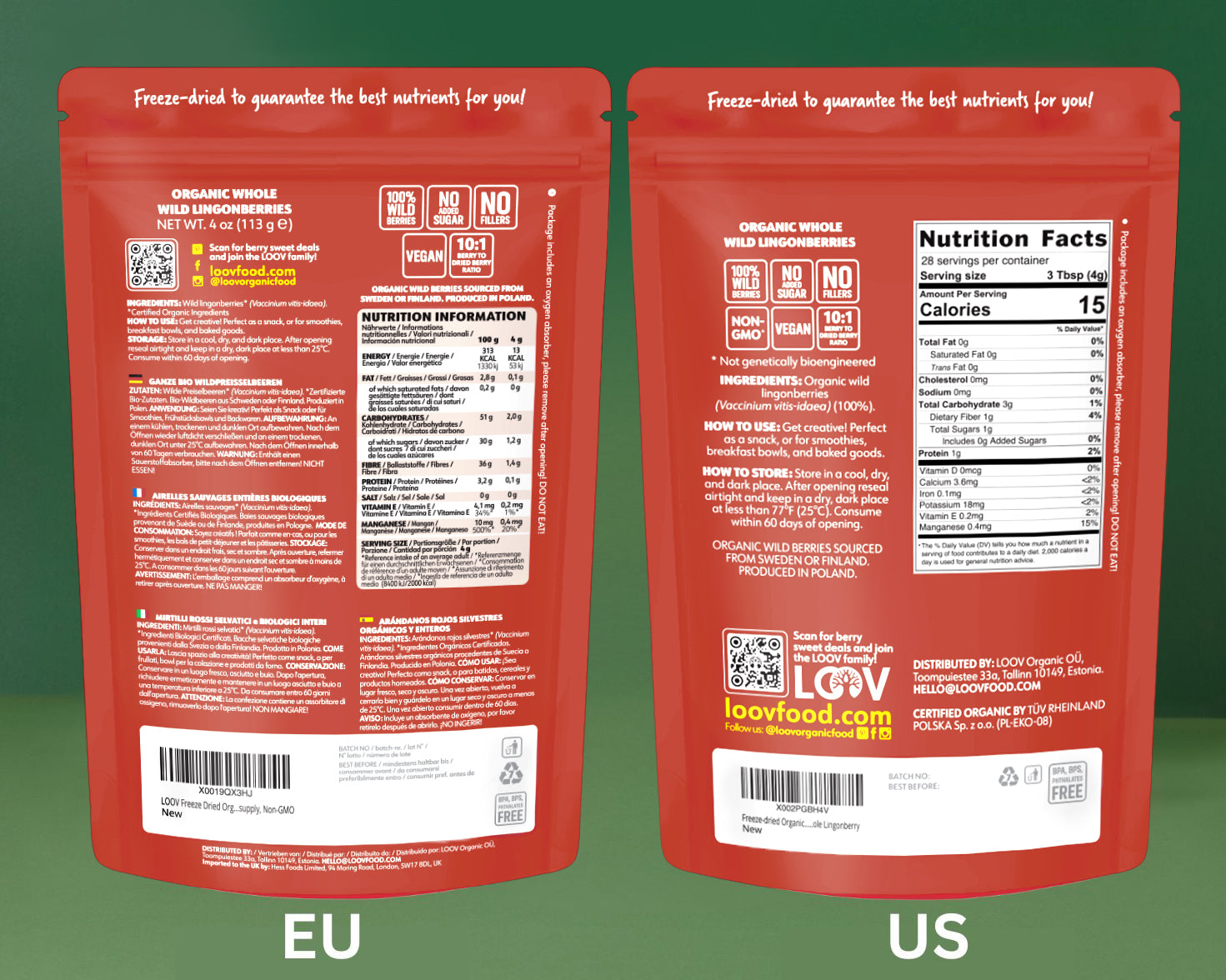 “Two stand-up pouches side by side forming LOOV’s Whole Wild Berry Bundle — the left pouch is labeled ‘Organic Wild Blueberries, whole berries’ with blue accents and an image of blueberries; the right pouch is labeled ‘Organic Wild Lingonberries, whole berries’ with red accents and an image of lingonberries.”