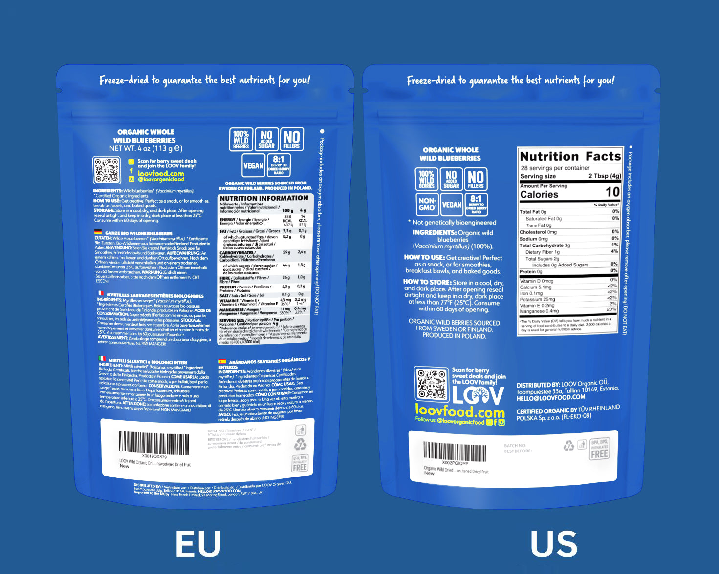 “Stand-up pouch of LOOV Freeze-Dried Organic Whole Wild Blueberries with blue and white packaging, showing a cluster of blueberries on the front and a small heap of dried blueberries beside it.”