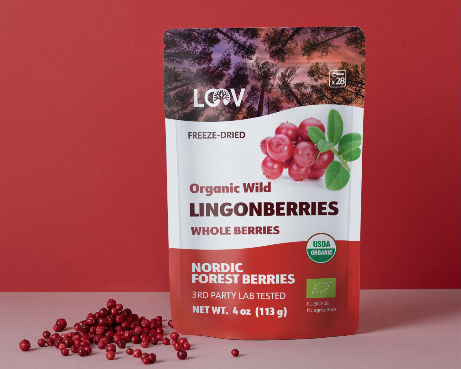“A stand-up pouch of LOOV Freeze-Dried Organic Whole Wild Lingonberries in red and white packaging, with the words ‘Organic Wild LINGONBERRIES Whole Berries’ and a small pile of red freeze-dried berries positioned in front of the pouch.”