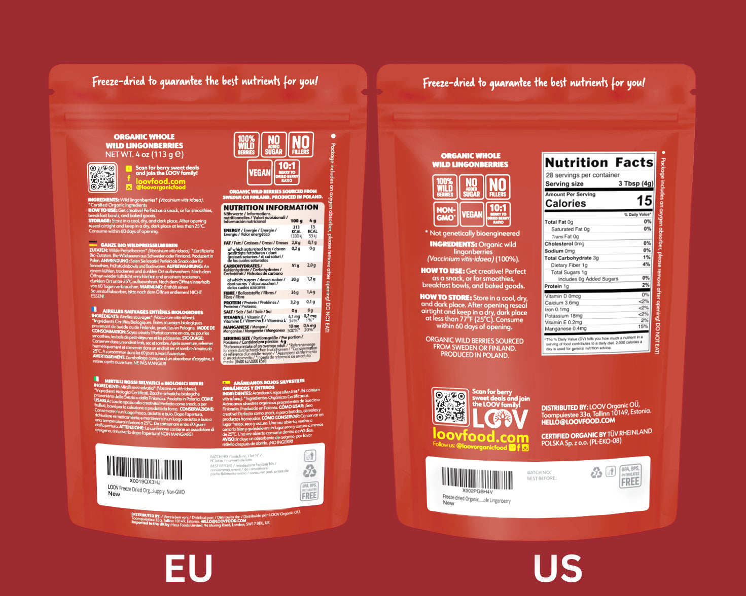 “A stand-up pouch of LOOV Freeze-Dried Organic Whole Wild Lingonberries in red and white packaging, with the words ‘Organic Wild LINGONBERRIES Whole Berries’ and a small pile of red freeze-dried berries positioned in front of the pouch.”